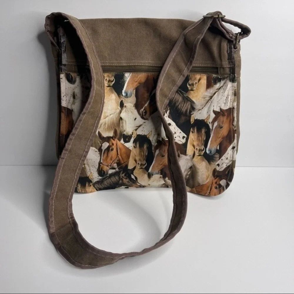 Wild Horse Satchel Flapover Crossbody Bag Purse Adjustable Strap Light Brown
